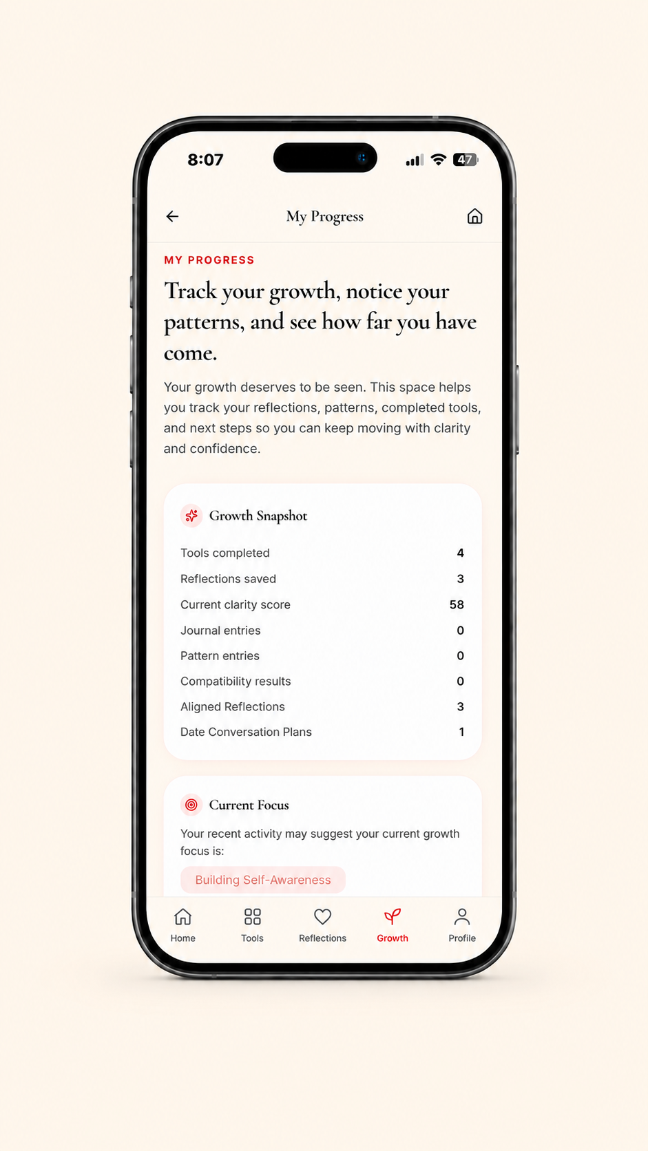 Aligned My Progress report — track tools completed, reflections, clarity score